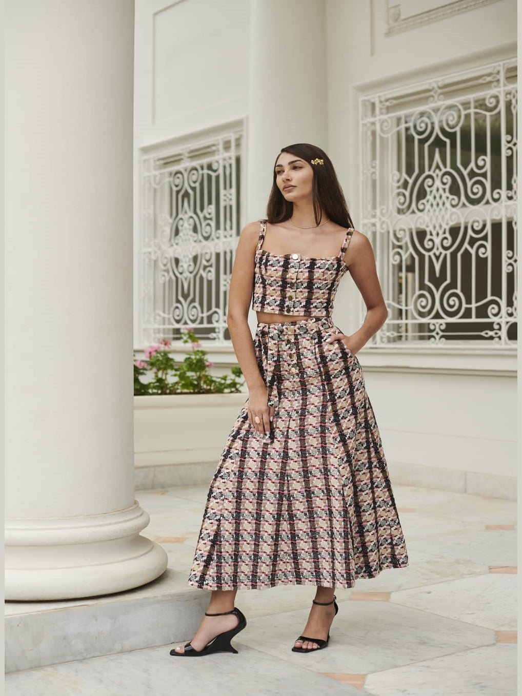TWEED CHECKERED SKIRT SET