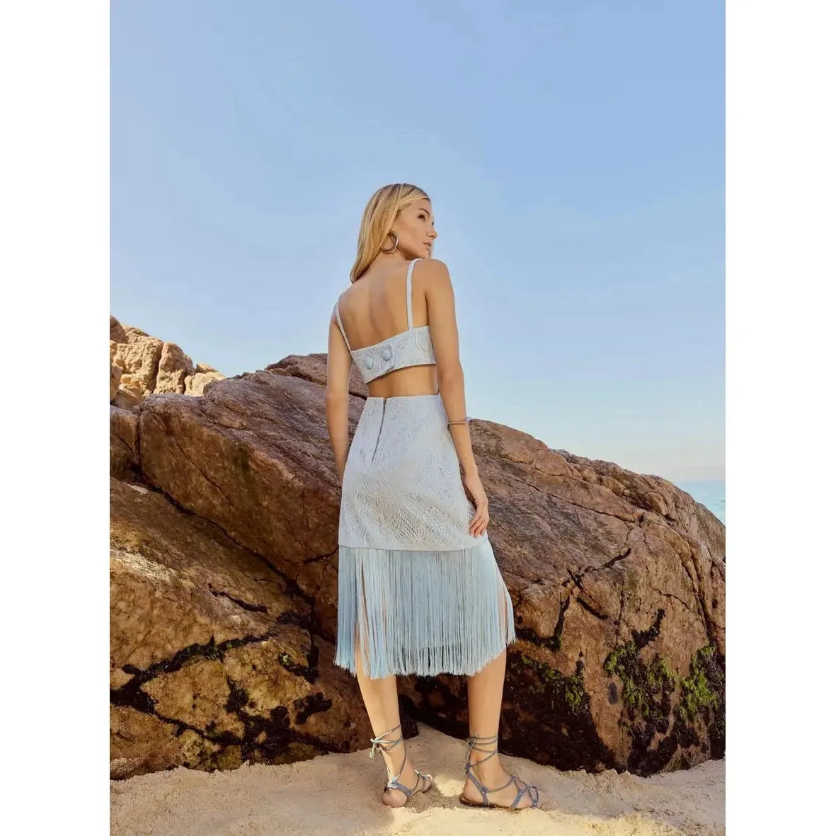SK FRINGE CUT OUT BLUE DRESS