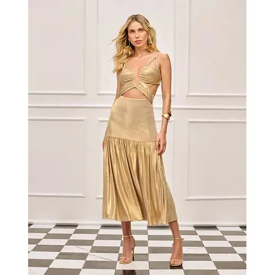GOLD RUCHED MIDI DRESS