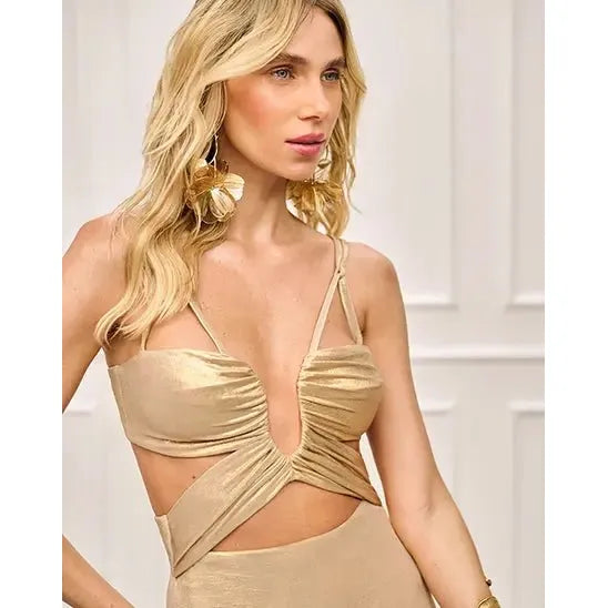 GOLD RUCHED MIDI DRESS