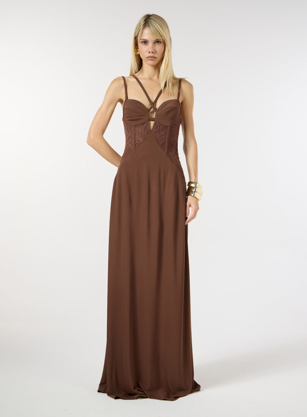 SK LONG EMBROIDERY BROWN DRESS