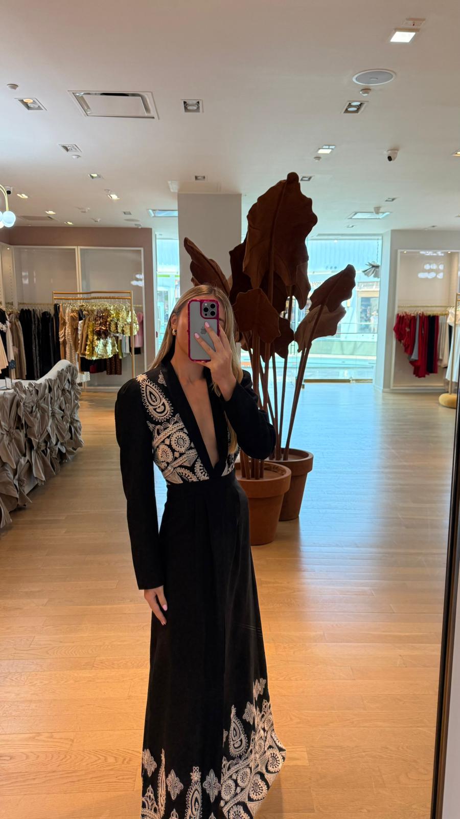 BLACK EMBROIDERED SLIT DRESS