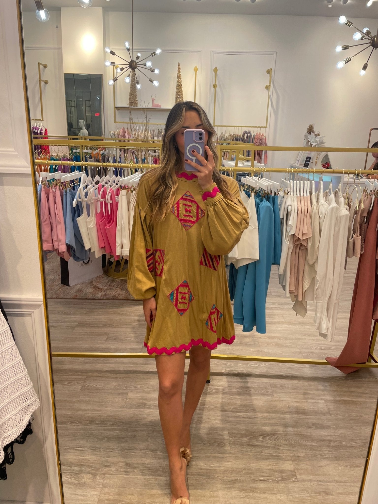 LOTUS LONG SLEEVE BROWN EMBROIDERED MINI DRESS