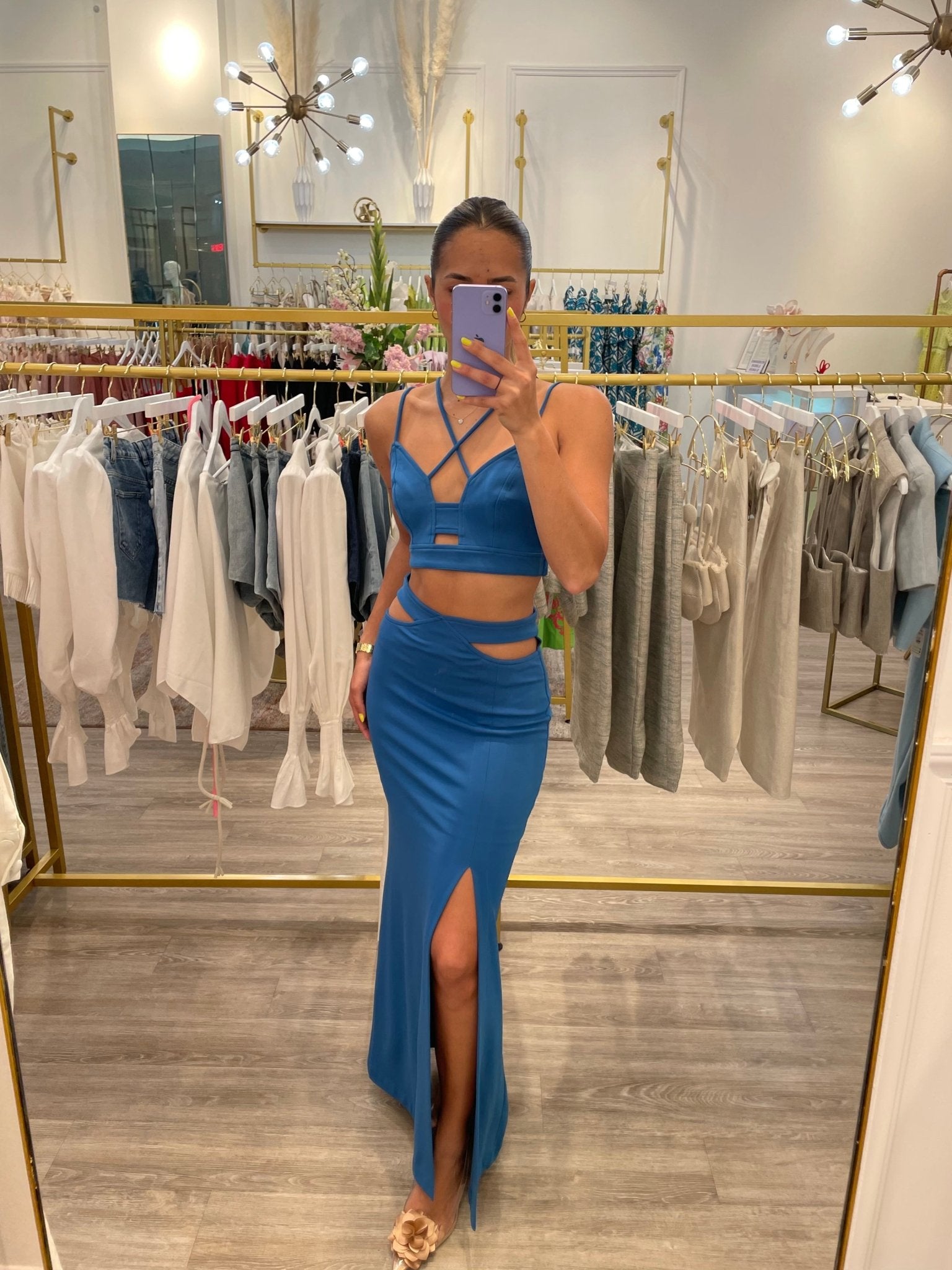 TD Blue Crop top and Midi Skirt Set