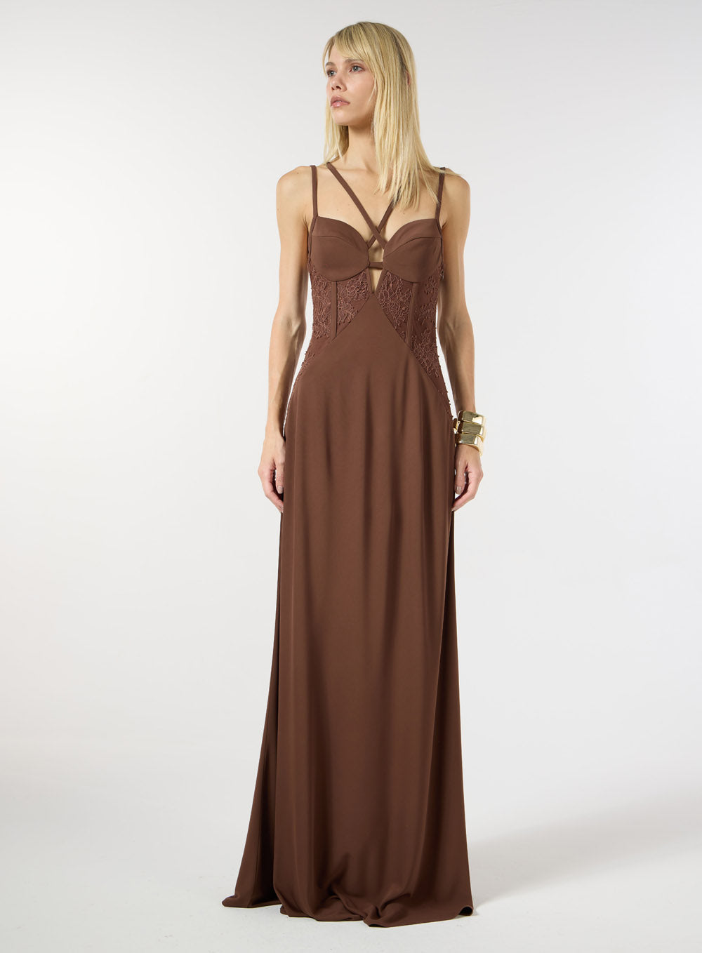 SK LONG EMBROIDERY BROWN DRESS