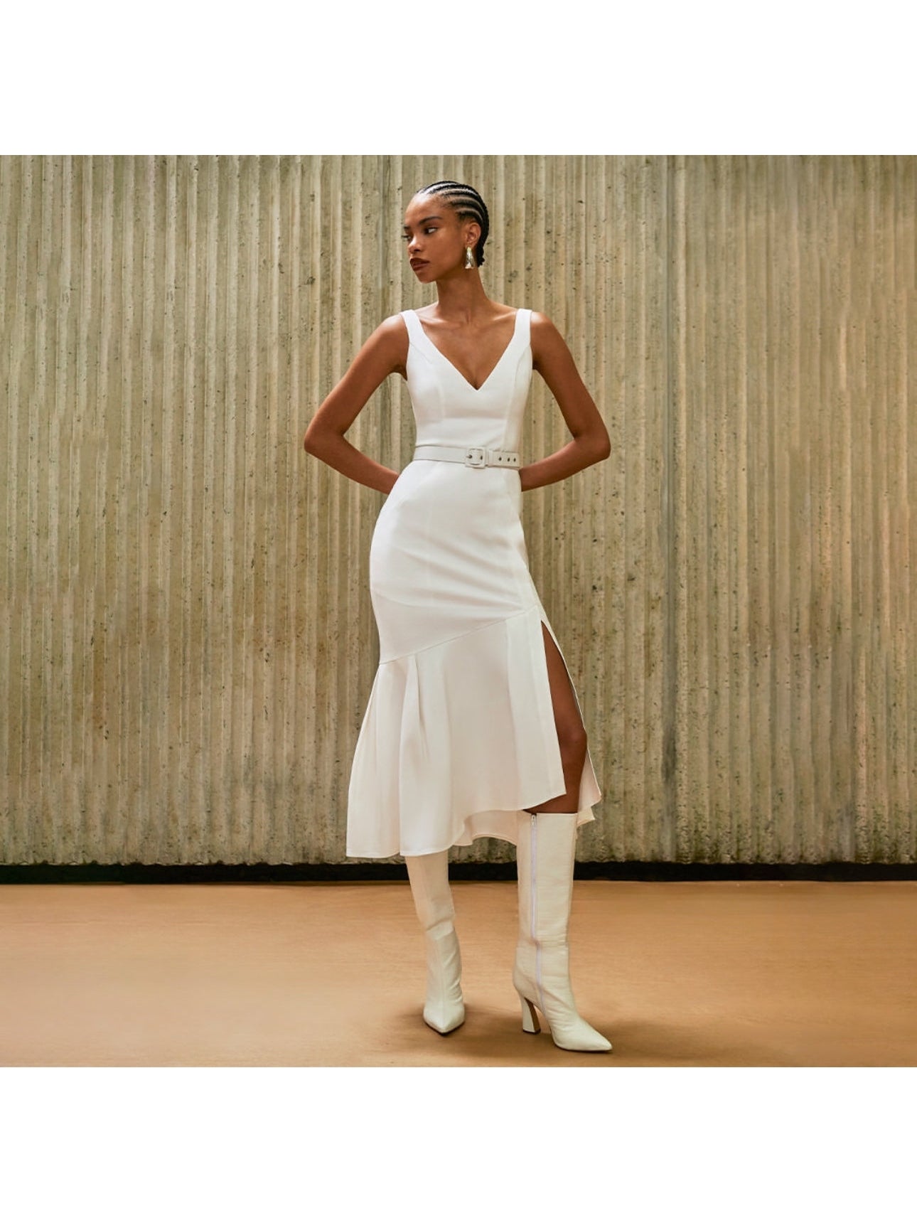 BELTED MIDI WHITE DRESS