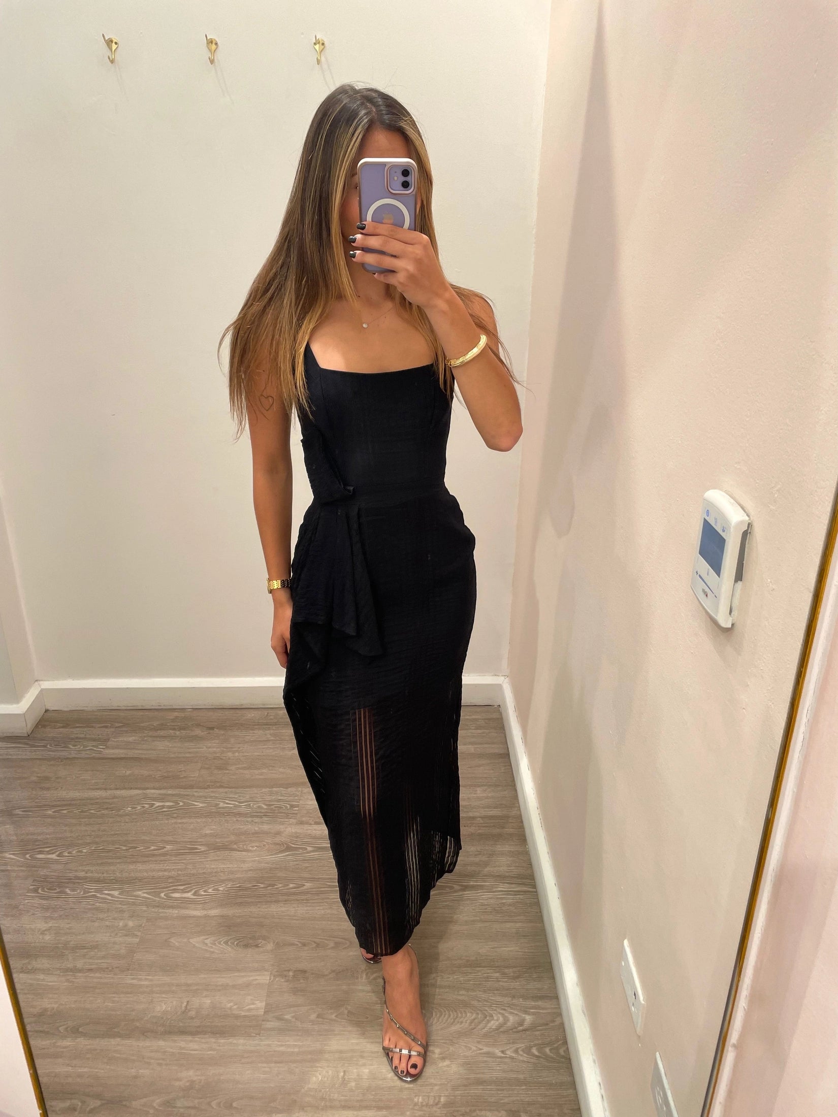 SQUARE NECKLINE MIDI BLACK DRESS