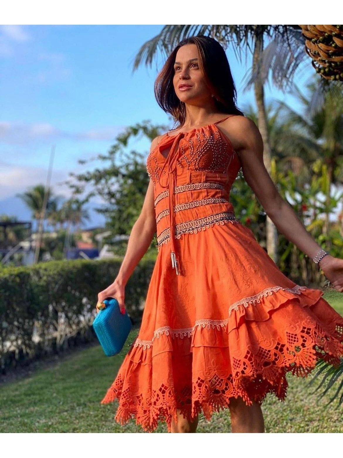 ORANGE BEADED V NECK DRESS