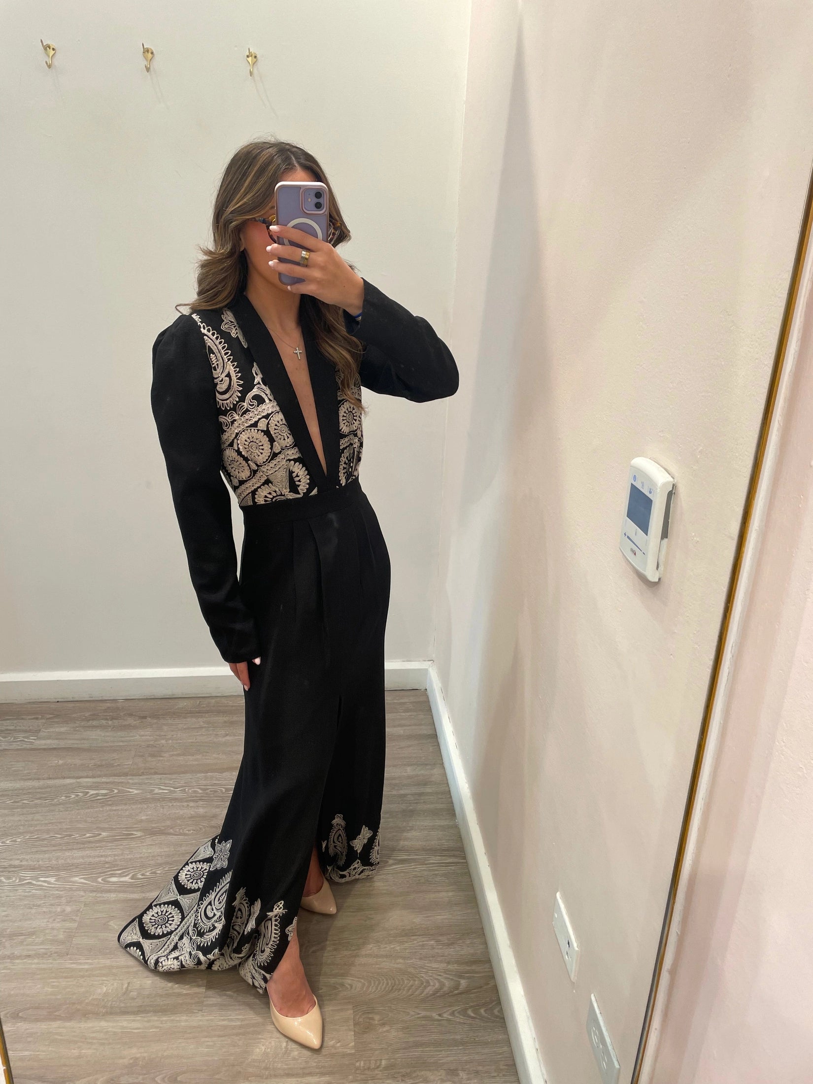 BLACK EMBROIDERED SLIT DRESS