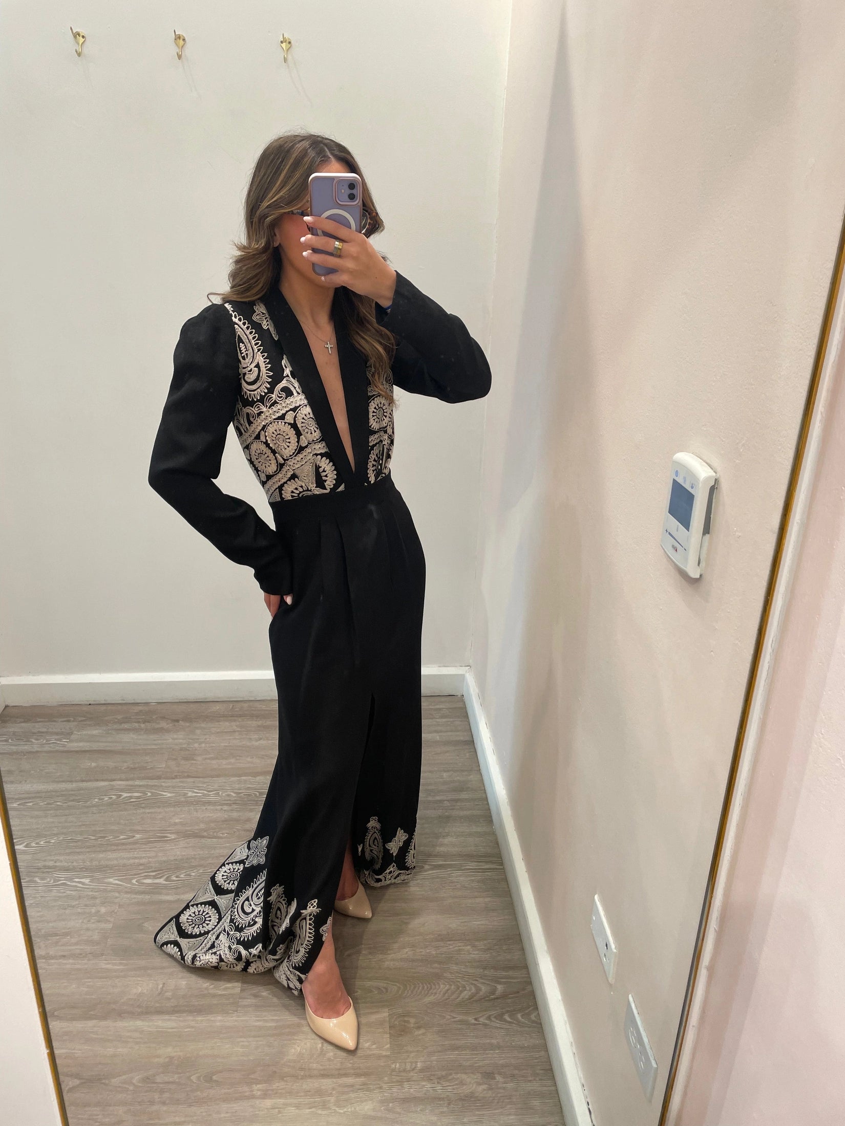 BLACK EMBROIDERED SLIT DRESS