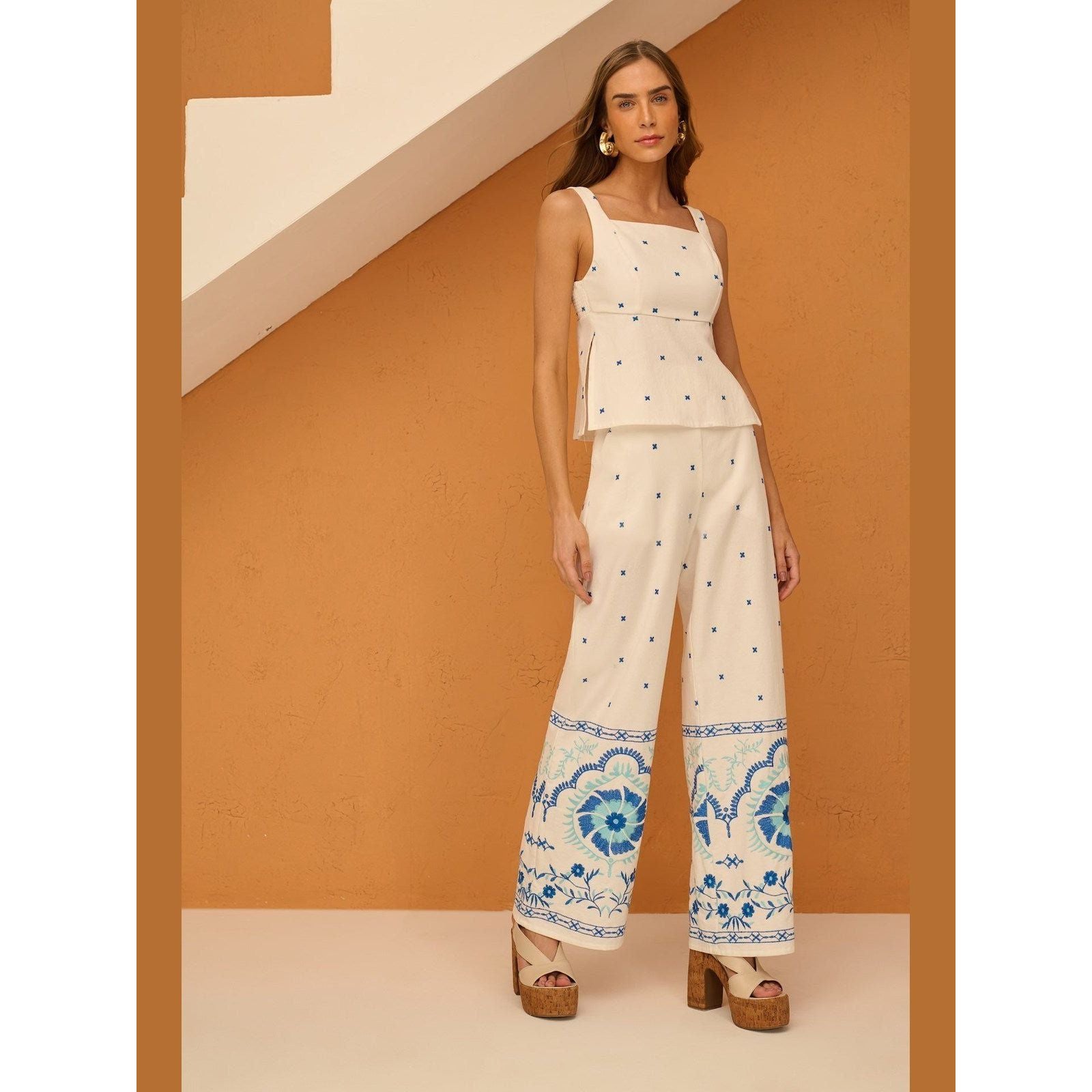 SK TOP AND PANTS BLUE EMBROIDERY SET