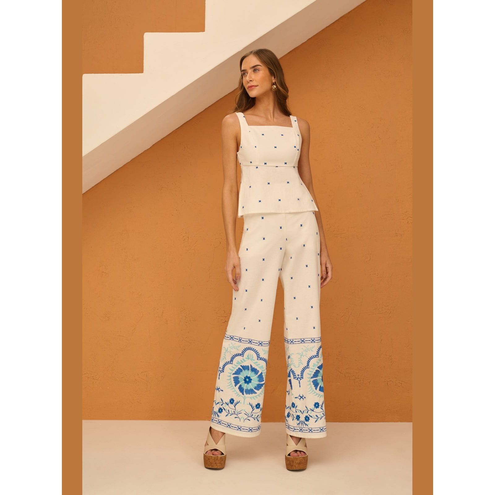 SK TOP AND PANTS BLUE EMBROIDERY SET