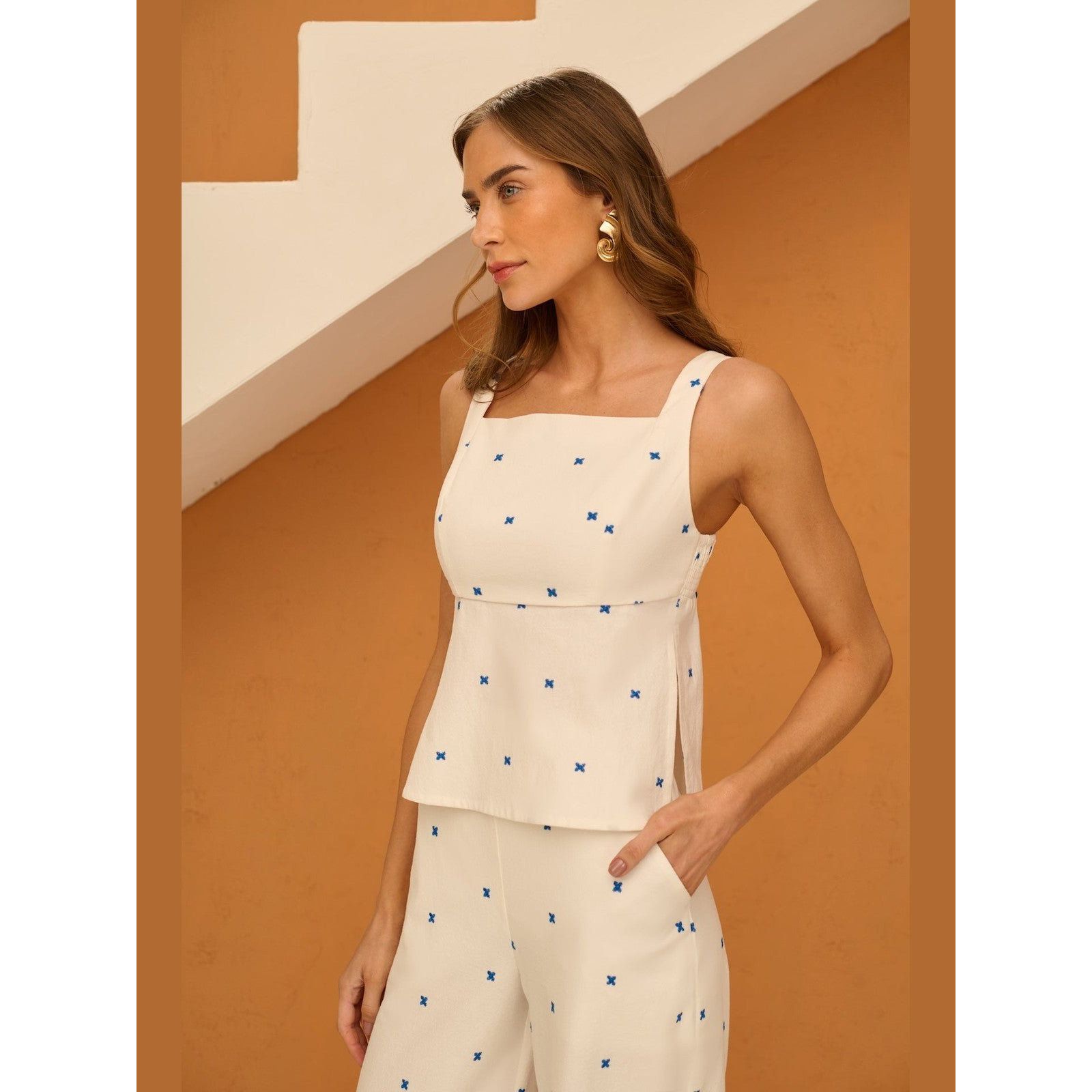 SK TOP AND PANTS BLUE EMBROIDERY SET