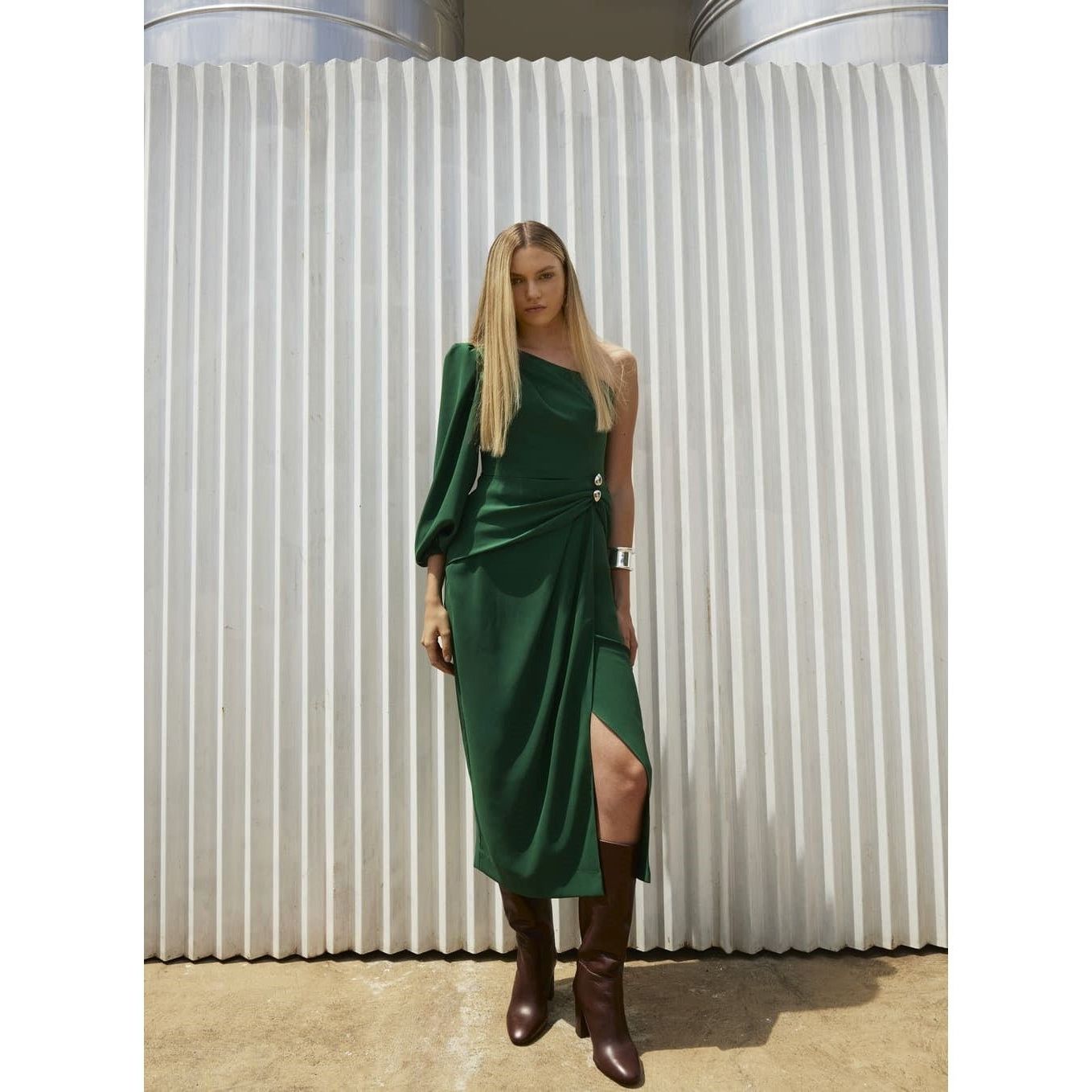 TD GREEN ONE SHOULDER MIDI DRESS