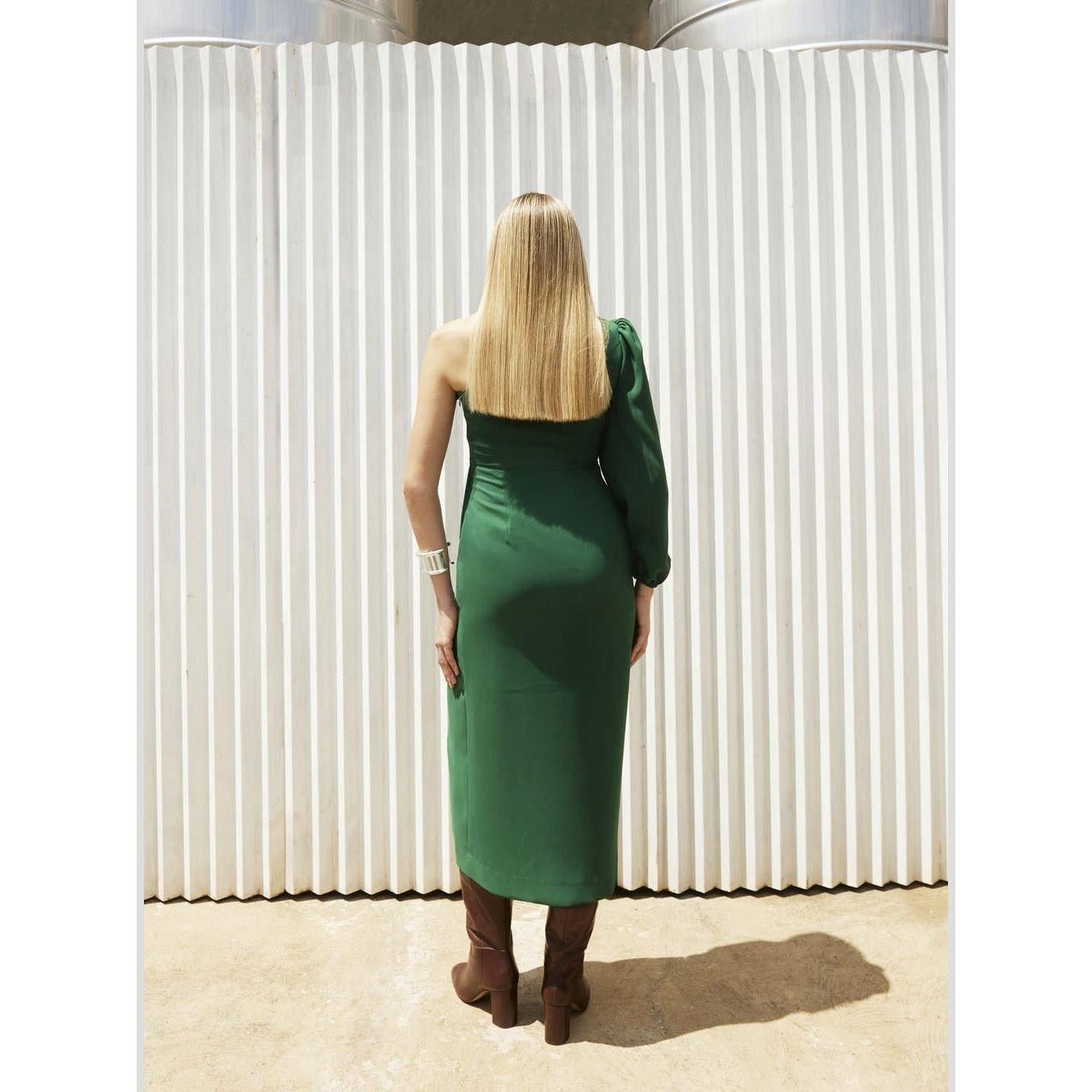 TD GREEN ONE SHOULDER MIDI DRESS