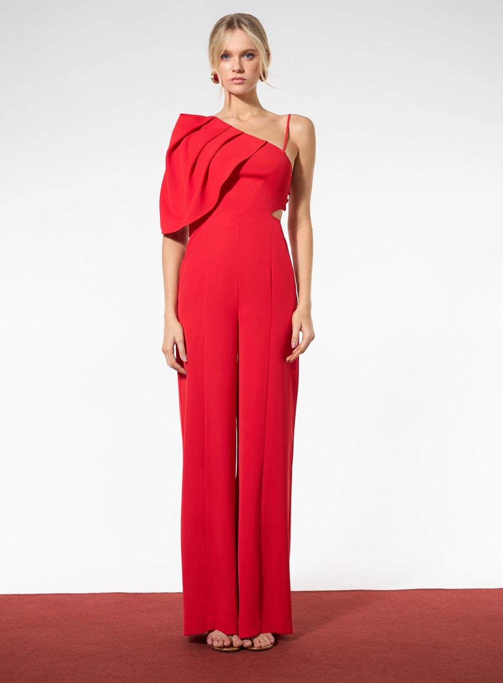 SK RED DRAPPED SHOULDER JUMPSUIT