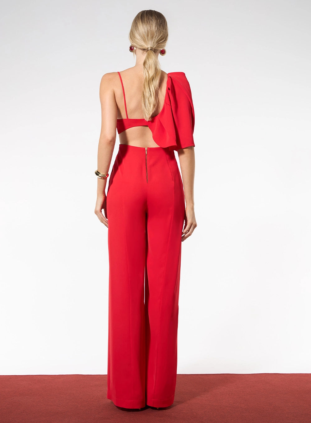 SK RED DRAPPED SHOULDER JUMPSUIT