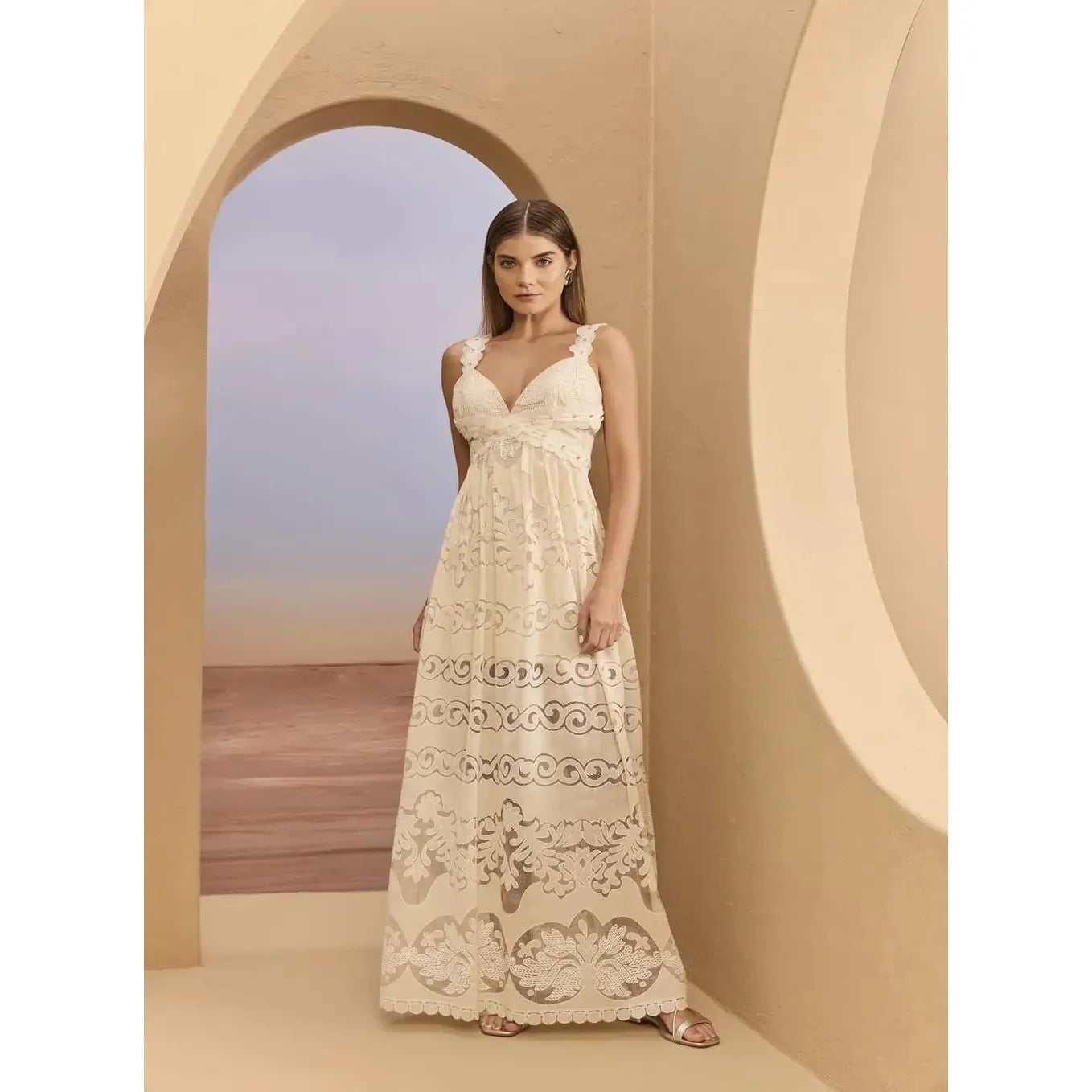 LACE LONG BEIGE DRESS