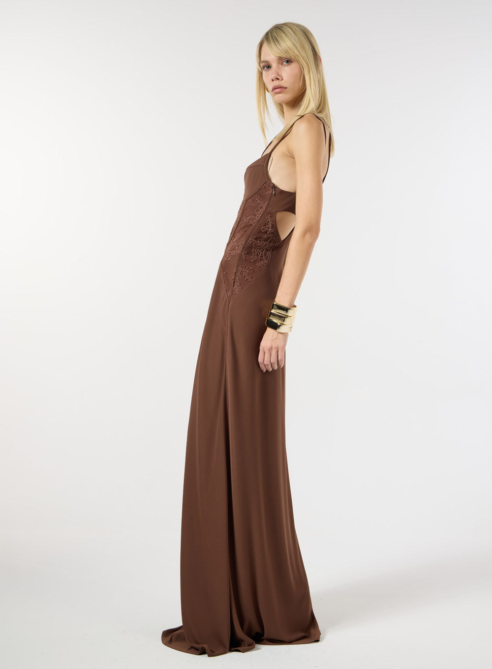 SK LONG EMBROIDERY BROWN DRESS