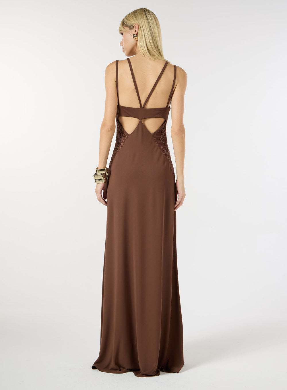 SK LONG EMBROIDERY BROWN DRESS