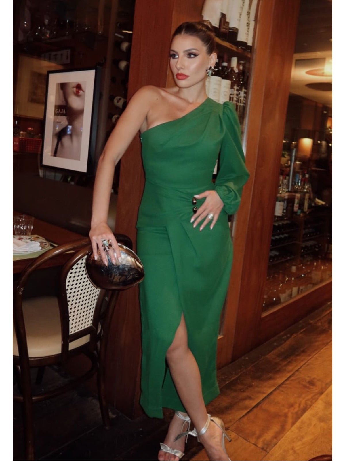 TD GREEN ONE SHOULDER MIDI DRESS